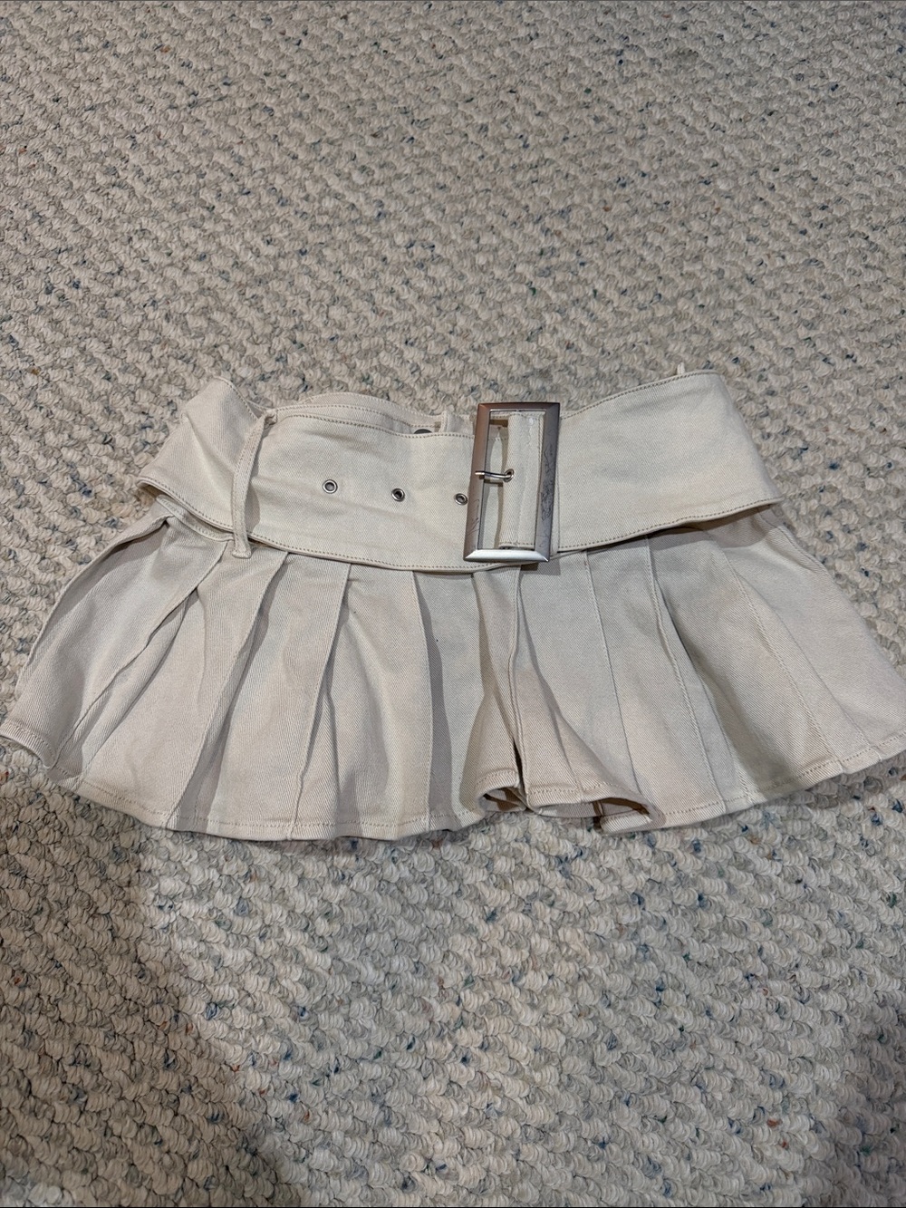 Oh Polly Pleated Mini Skirt with Wide Buckle Belt - Cream